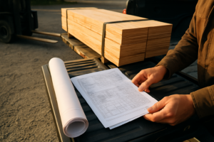 Contractor reviewing structural plans beside a flatbed truck loaded with engineered beams at a lumberyard