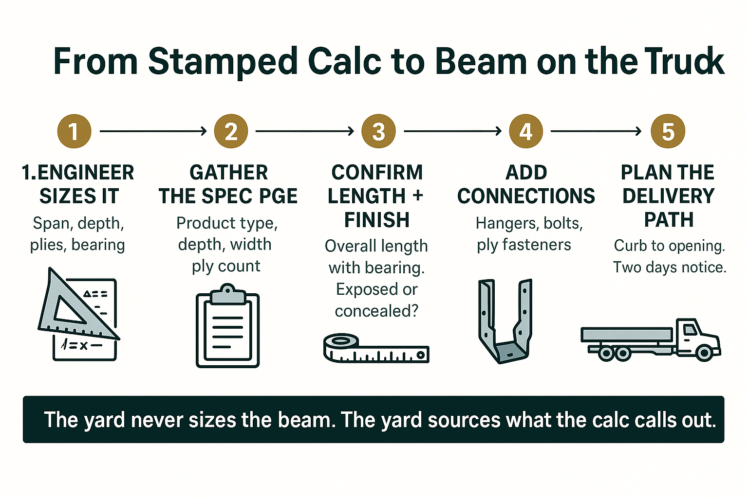 What the Yard Needs From You to Order an Engineered Beam 2 Infographic showing the five steps from engineer's stamped calculation to engineered beam delivery