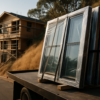 New window units strapped upright on a flatbed truck at a steep hillside jobsite surrounded by dry grass and eucalyptus