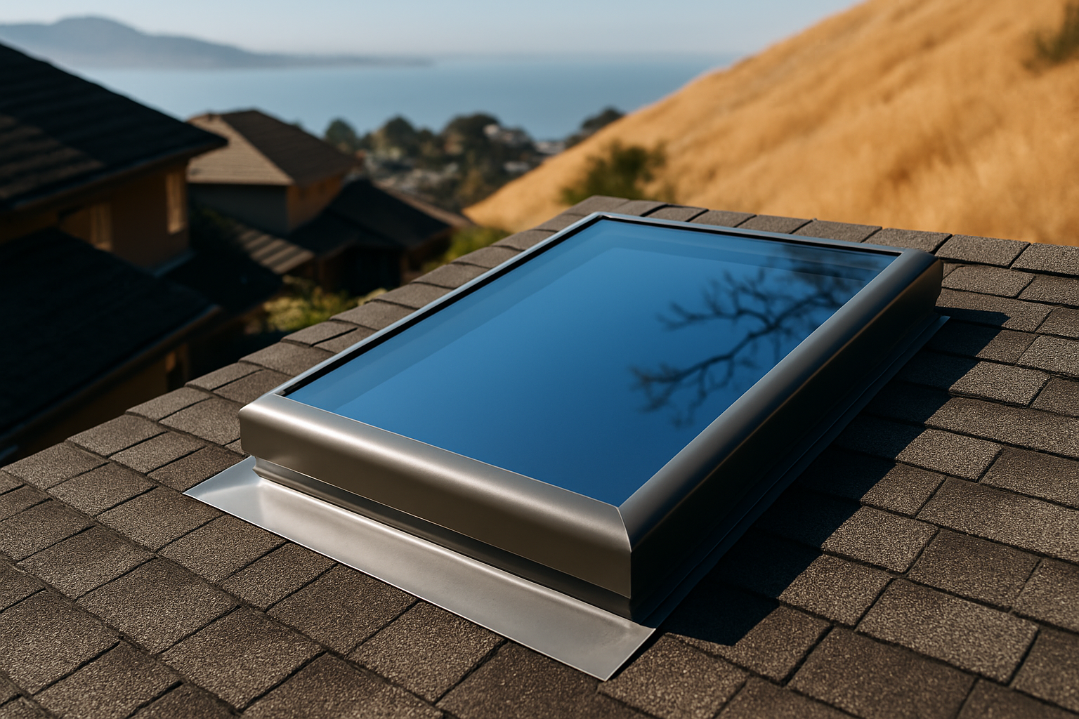 Newly flashed glass skylight on a hillside home roof with rooftops and dry grass slope in the background