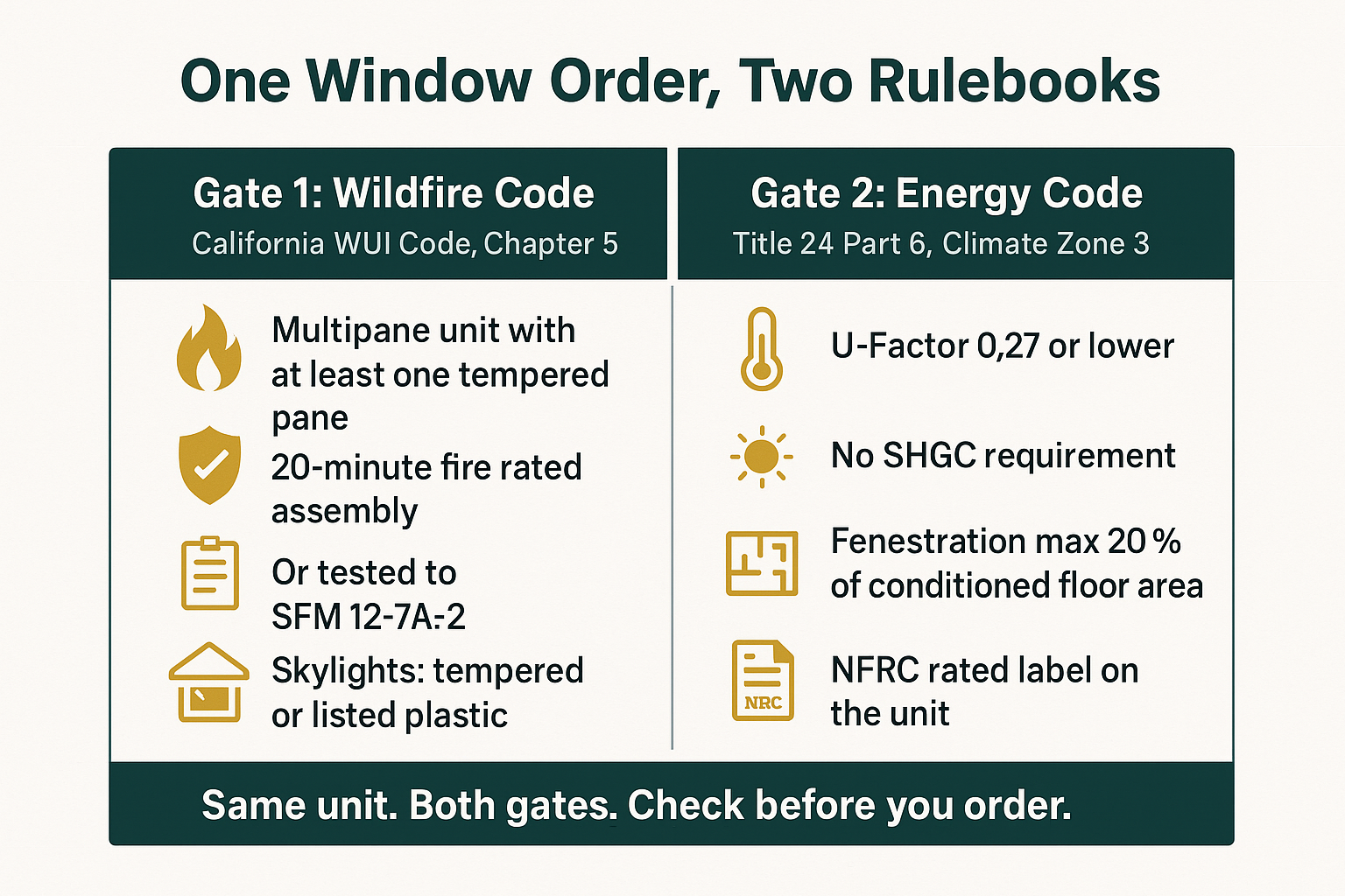Infographic comparing wildfire code glazing rules and Climate Zone 3 energy code requirements for hillside window orders