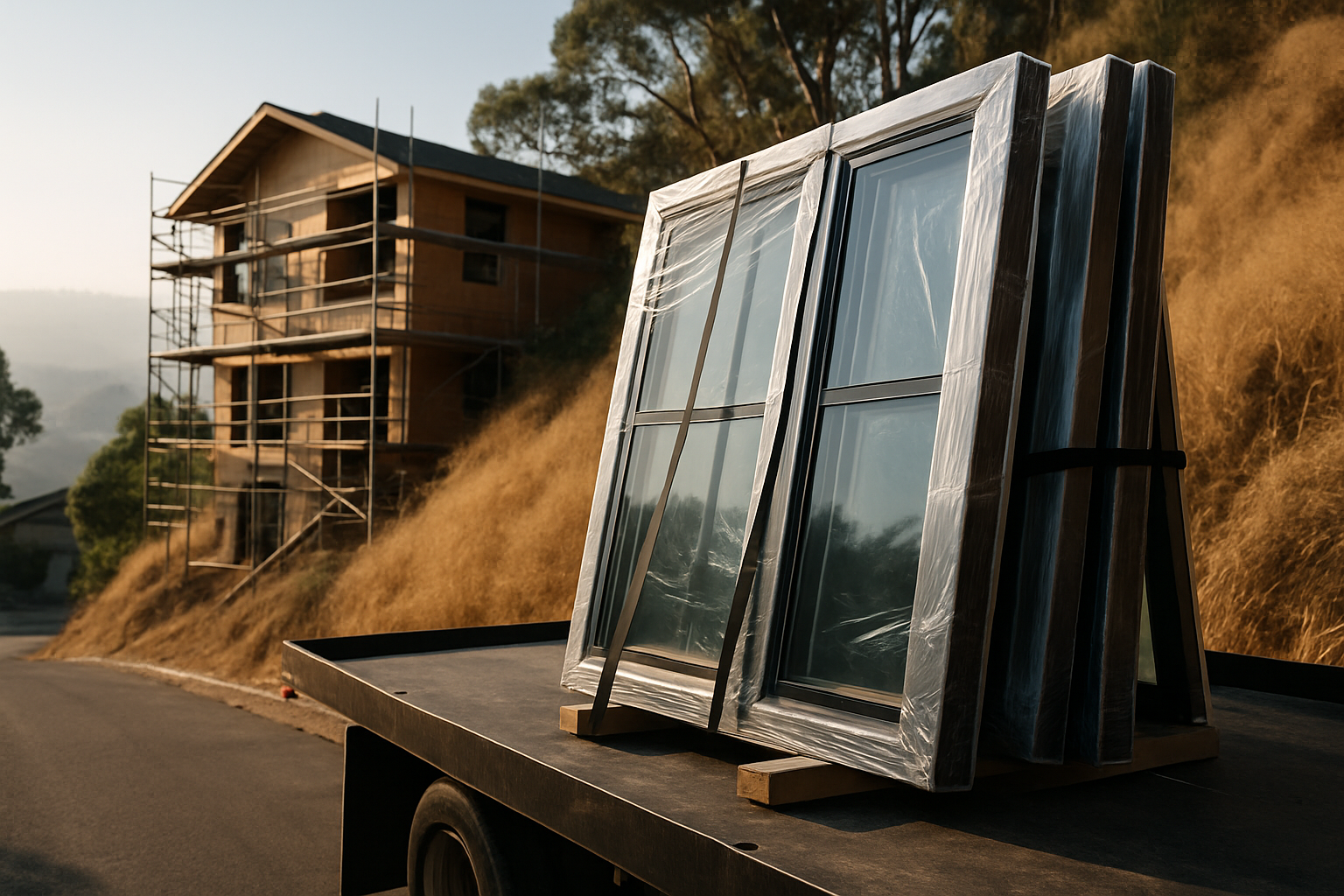 New window units strapped upright on a flatbed truck at a steep hillside jobsite surrounded by dry grass and eucalyptus