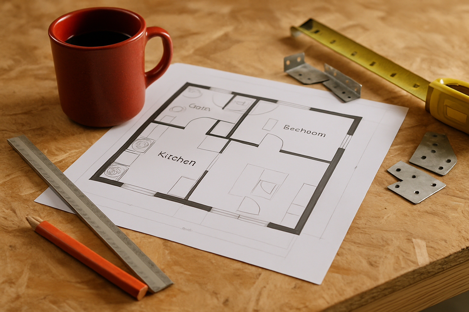 Overhead view of ADU floor plan drawings on a plywood table with a scale ruler, pencil, and framing connectors