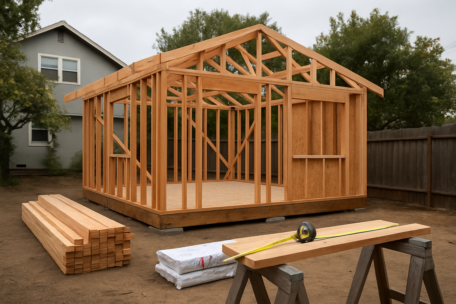 Partly framed backyard ADU in a Berkeley yard with stacked lumber and an extended tape measure on sawhorses